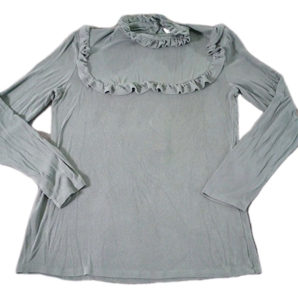 Tulip B Sage Green Ruffle Mock Neck Top Ribbed Knit Long Sleeve Size Large